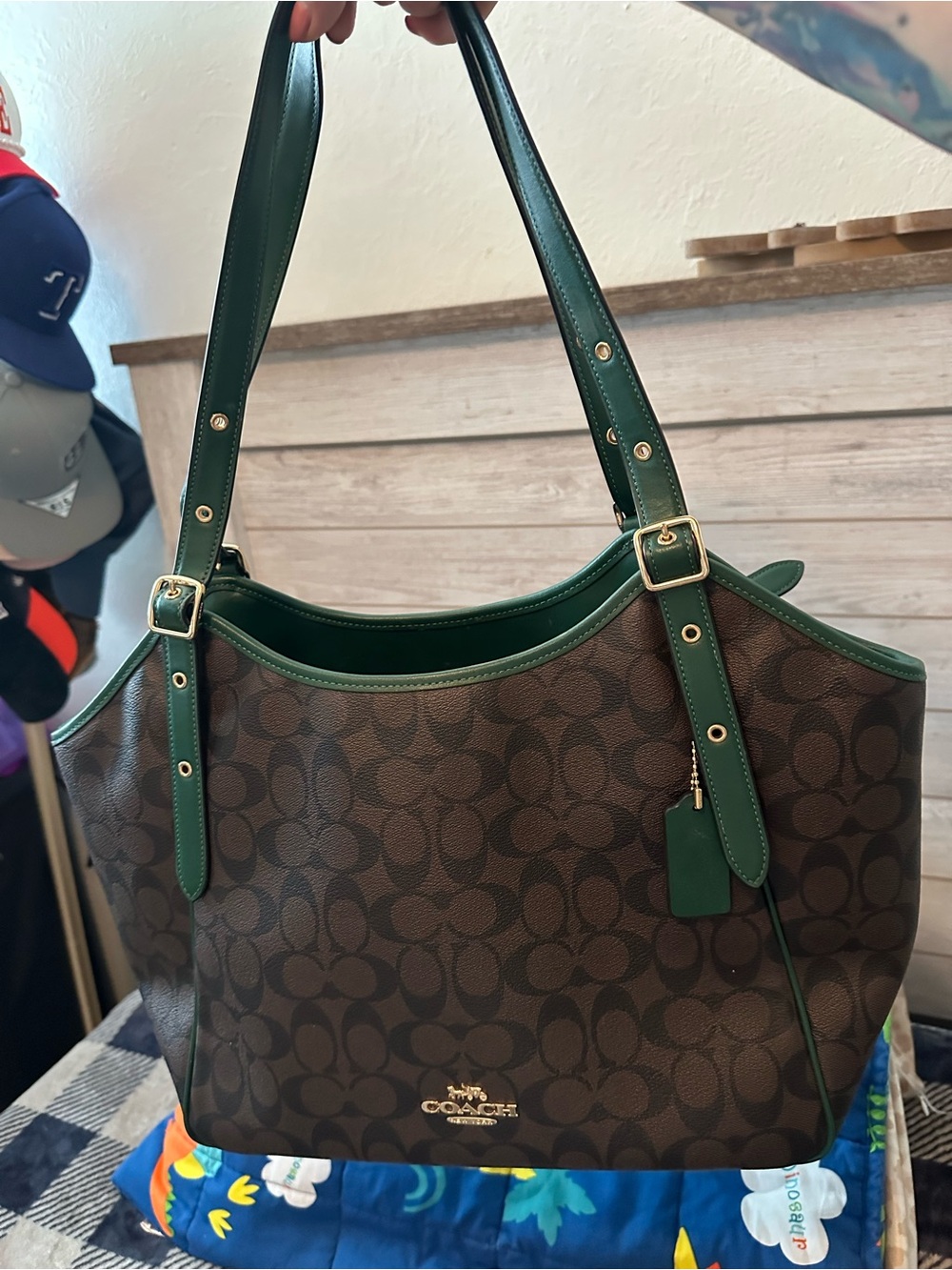 Coach Brown Signature Canvas Shoulder Bag with Green Trim